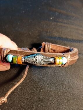 Boho Brown Leather Beaded Bracelet with Silver Accent